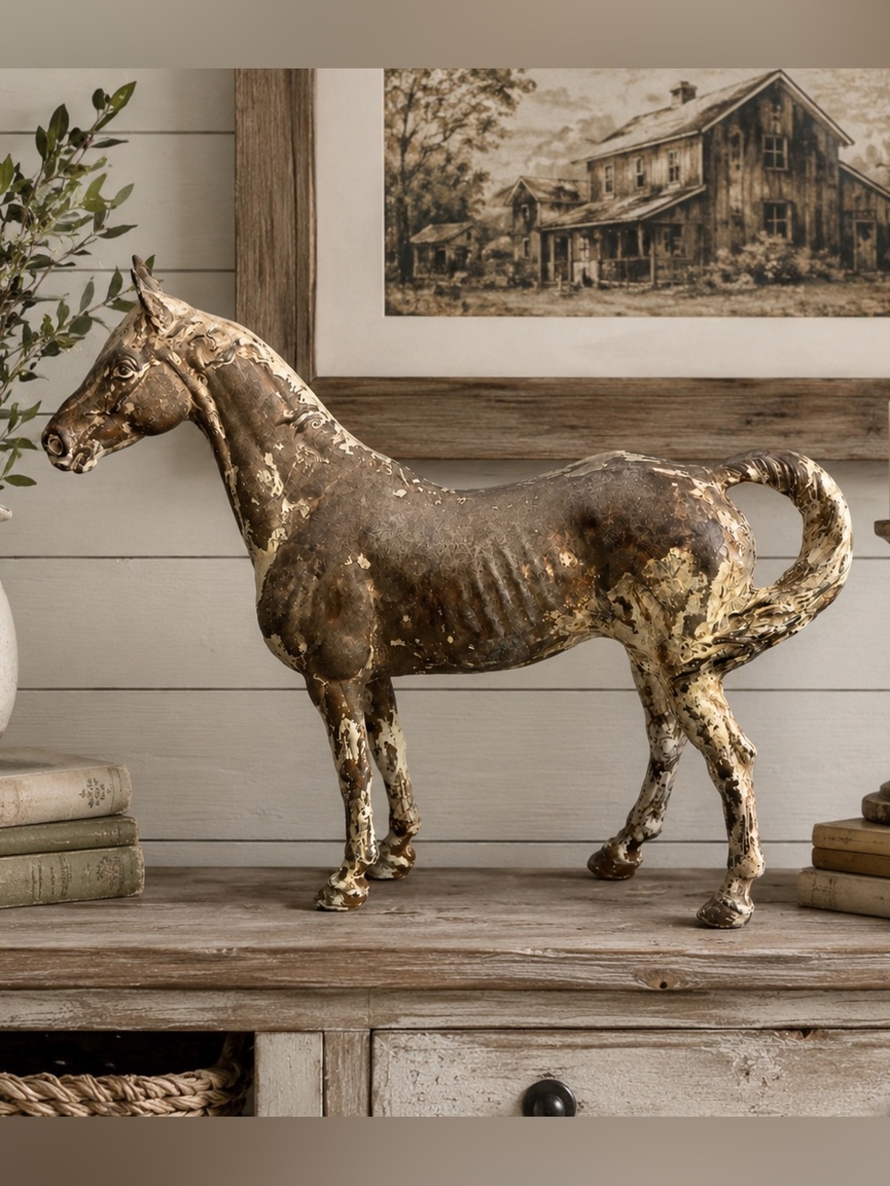 Rustic Brown & Cream Horse Hubley Cast Iron Door Stop Figurine Decorative Accent
